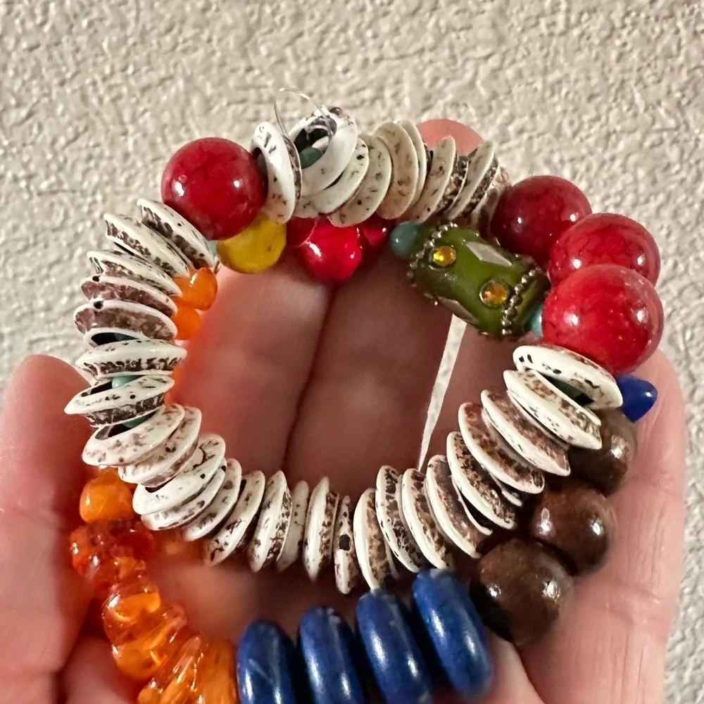 Boho Wooden beaded bracelet with glass beads accents looks like amber bracele…